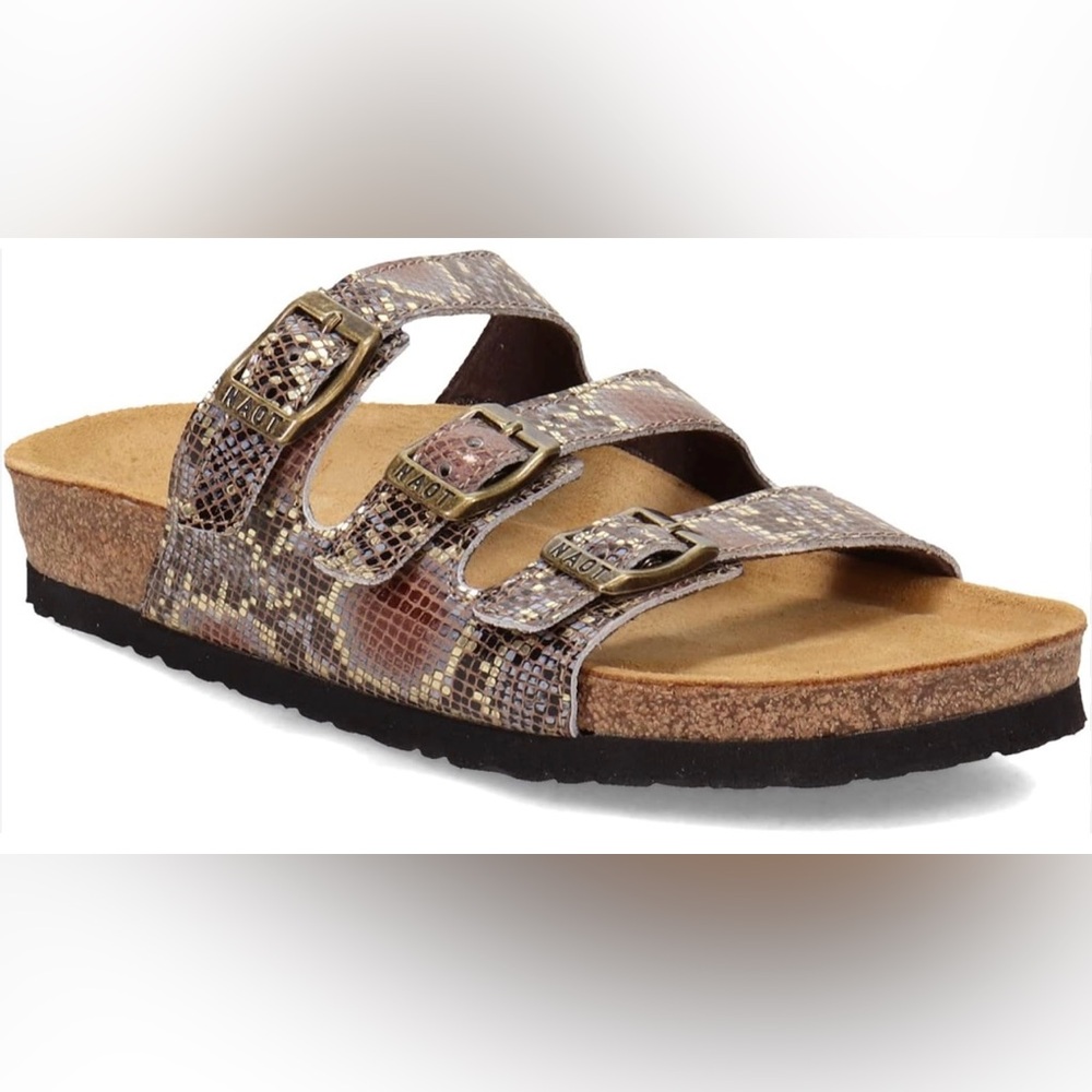 Naot Women's Snake-Print Triple Buckle Sandals in Brown/Tan